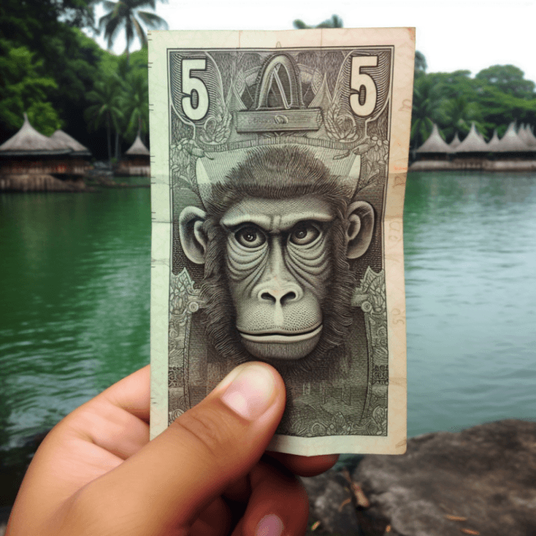 waluta Bali.- malpa na banknocie w tle jezioro i swiatynei Balijskie