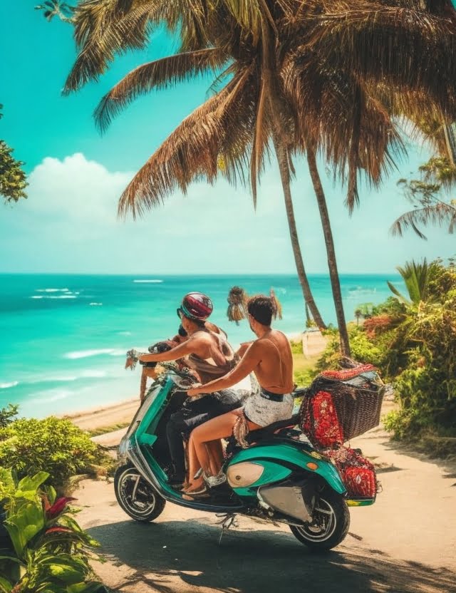 para na motorze z widokiem na ocean i palmy Bali