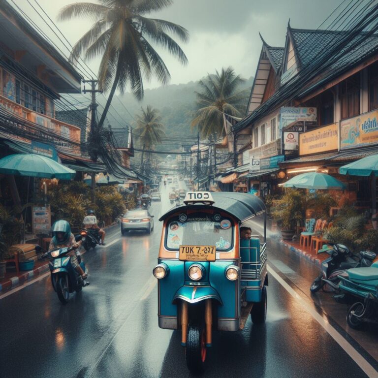 pora deszczowa w Tajlandii tuktuk na ulicy