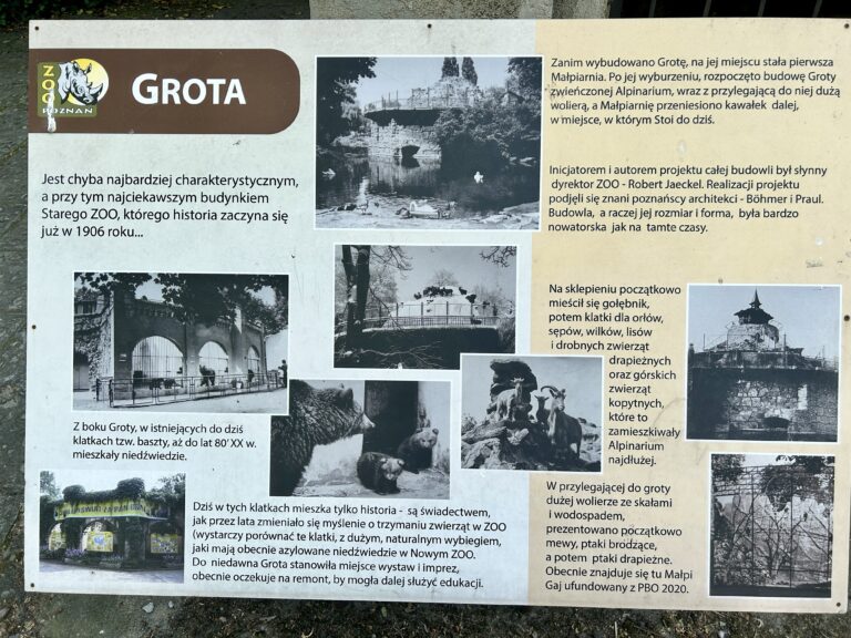 tablica z historią starego zoo i klatek dla niedźwiedzi w Poznańskim starym zoo