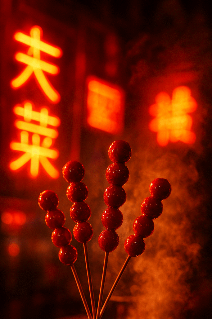 chińskie jedzenie Tanghulu - słodki deserowy przysmak owoce w cukrze